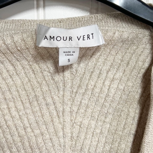 Amour Vert Light Taupe Wool Ribbed Knit Open Front Cardigan Sweater Small S - Picture 4 of 6